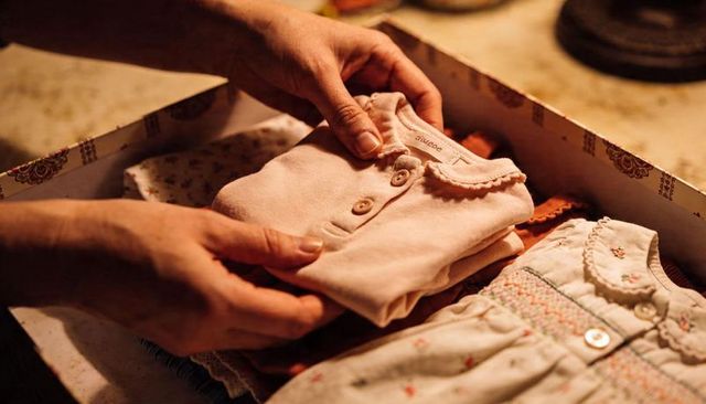 Hands folding pale pink baby cardigan into keepsake box with cream smocked dress