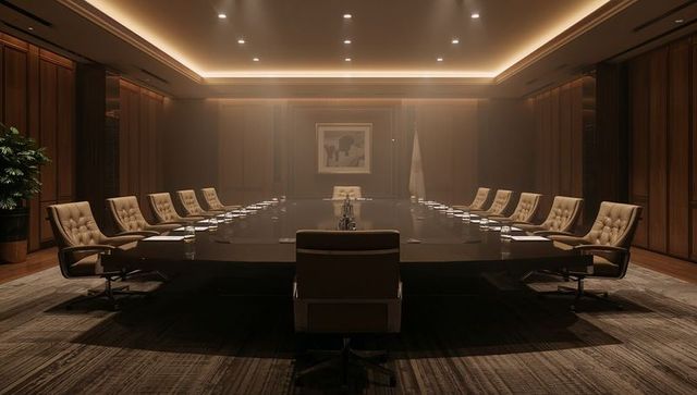 Executive boardroom featuring glossy conference table, tufted leather chairs, ambient lighting