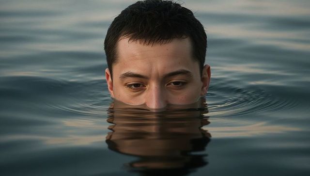 Contemplative man emerging from calm lake with reflective surface and sunset glow