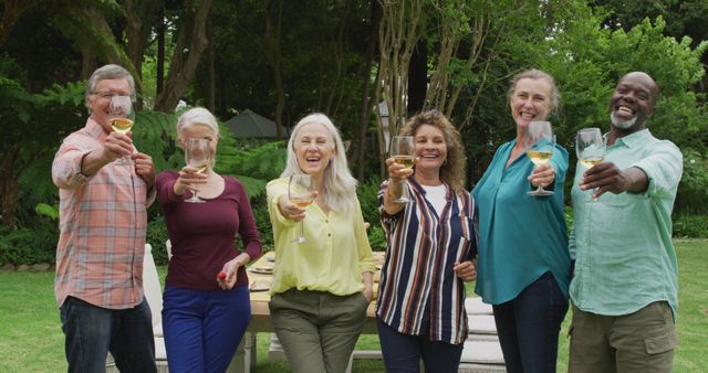Image of diverse happy senior female and male friends toasting with wine in garden. retirement lifestyle, spending quality time with friends.