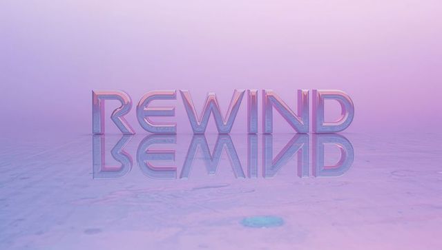 Iridescent rewind 3d letters reflecting on pastel marble floor with turquoise veins