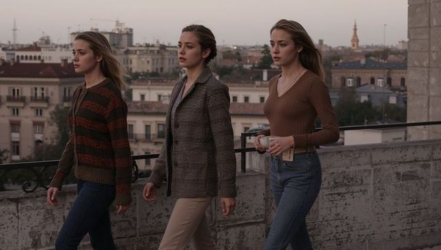 Three women walking rooftop at dusk holding coffee cup urban terrace cityscape editorial
