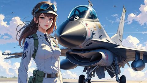 Female pilot standing next to twin-engine f16 fighter jet on tarmac