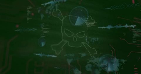 Skull and Crossbones Symbol Over Cybersecurity Interface