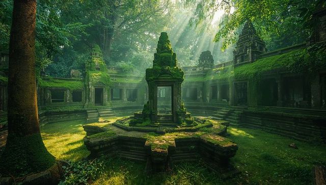 Ancient moss-covered shrine in tranquil temple courtyard