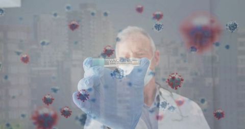 Doctor holding covid-19 vaccine with virus graphics overlay