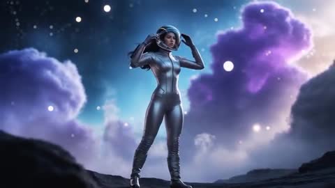 Asian Astronaut Landing on Alien Plain Under Nebula