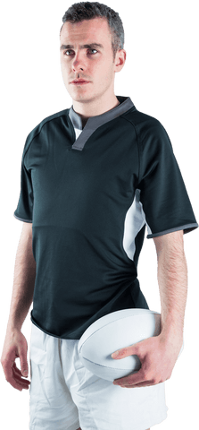 Serious rugby player holding ball transparent background