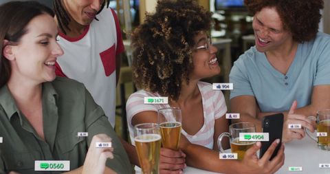 Diverse Friends Enjoying Beer with Social Media Interaction
