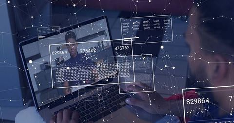 Hands Typing on Laptop with Futuristic HUD Overlays and Remote Collaboration Interface
