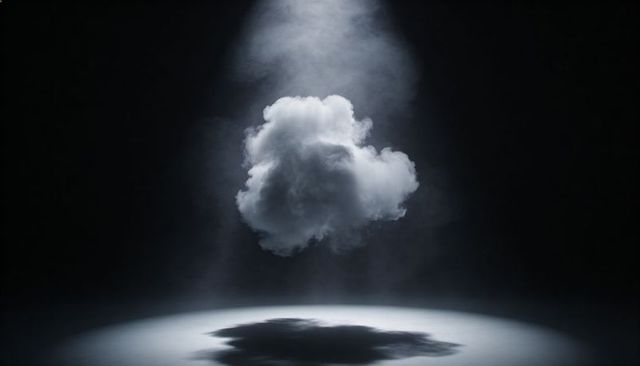 Surreal single cloud hovering under dramatic spotlight casting deep shadow through soft mist