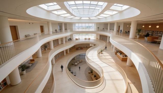 Curving skylit atrium ramp embracing winding walkways in modern multilevel library with natural ligh