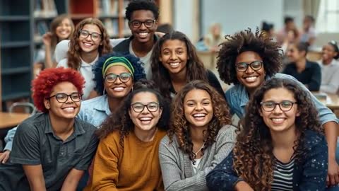 Diverse Group of Students Posing Happily in Library