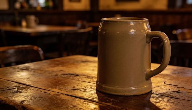 Beige stoneware tankard catching warm overhead light on rustic wooden pub table, glossy glaze