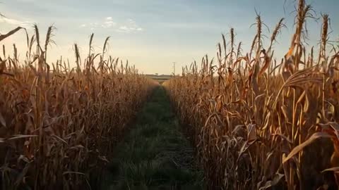 Forward Tracking Through Golden Corn Rows at Sunset Toward Distant Utility Pole