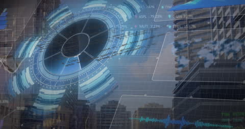 Futuristic Data Processing Interface Over Urban Skyline