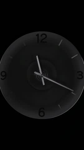 Vertical loop of minimalist analog clock sweeping hands in black void for motion design