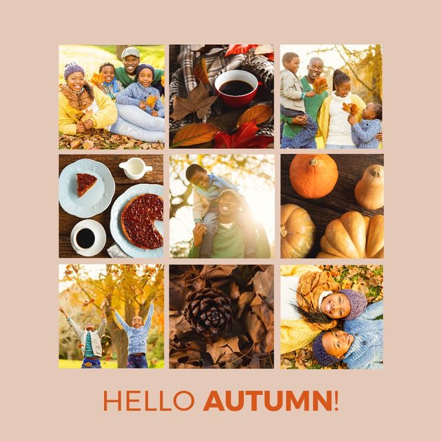Collage of pie, pumpkins, coffee, pinecone, african american family enjoying autumn and hello autumn. Text, family, together, leaf, childhood, composite, copy space, greeting, autumn season, nature.
