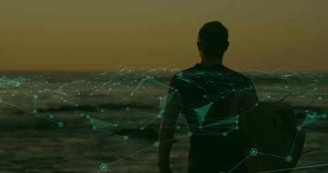 Surfer standing at sunset facing ocean with teal digital network overlay for tech concepts