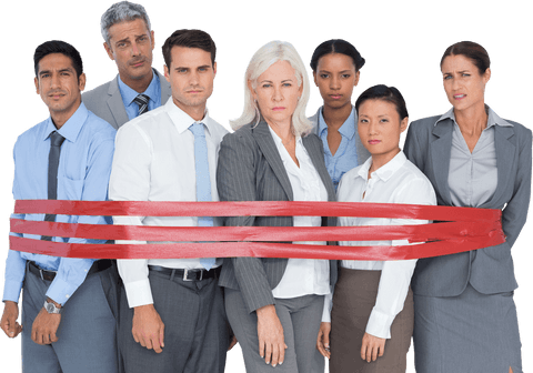 unhappy business team bound by transparent red tape in office - Download Free Stock Videos Pikwizard.com