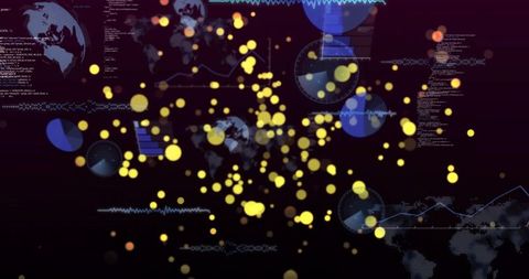 Pulsing data nodes radiating across HUD with glowing yellow particles, blue charts, code
