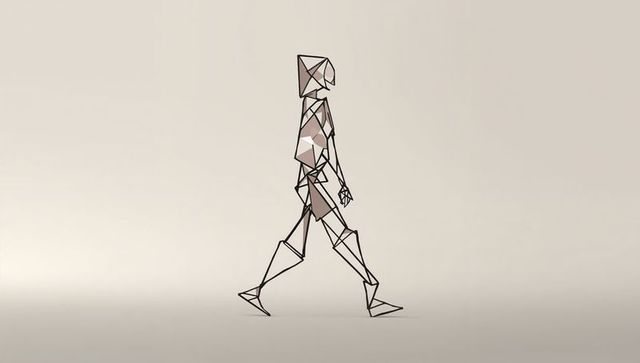 Digital polygonal figure in earth-tones walking against beige backdrop