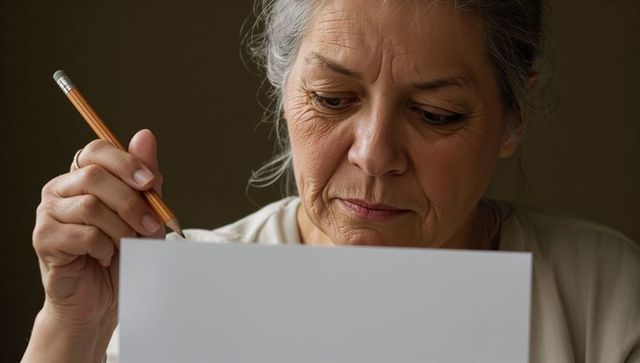 Senior woman reading document with pencil, concentrating on paperwork and planning ahead, closeup