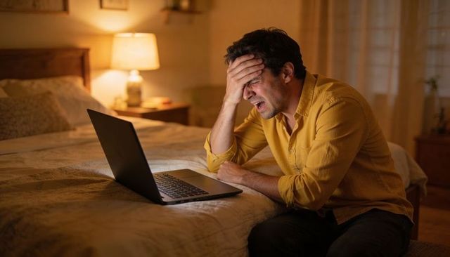 Frustrated man holding head while working late on laptop in cozy bedroom under warm lamp