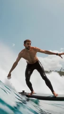 Riding powerful ocean wave on surfboard | Shirtless surfer balancing in wetsuit vertical video