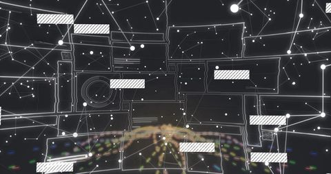 Holographic Network Interface with Floating UI Panels, Glowing Nodes and Wireframe Grid