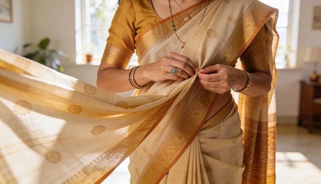Indian woman adjusting silk saree pallu with gold bangles in sunlit living room