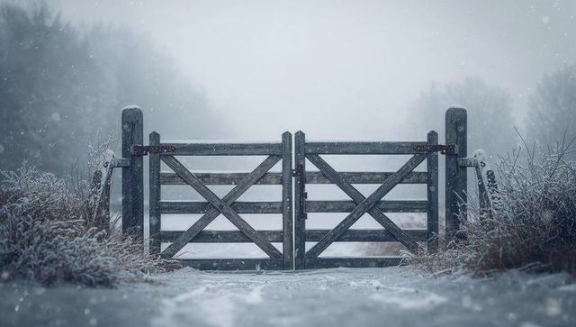 Double Wooden Gate Blocking Snowy Country Lane, Frosted Grasses and Misty Winter Scene