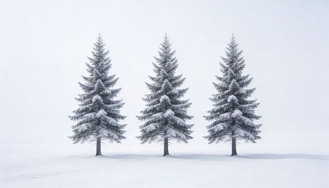 Standing trio of snow covered fir trees on misty plain minimalist winter composition
