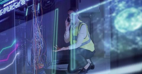 Female IT Specialist in Action in Futuristic Server Room