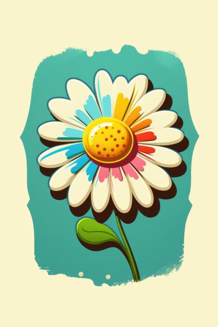 Dynamic and vibrant image of a hand-painted daisy on a turquoise blue background, perfect for creative projects. The colorful design brings a fresh and lively feel, making it ideal for posters, greeting cards, art prints, and website graphics. Suitable for spring and floral themes, it adds a burst of creativity and nature-inspired beauty to any visual project.