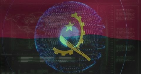 Futuristic neon sphere featuring angolan emblem in digital display