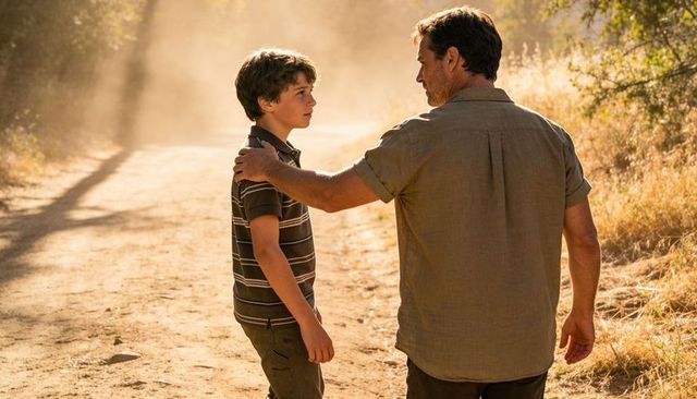 Father guiding son along dusty sunlit trail during golden hour, rural bonding