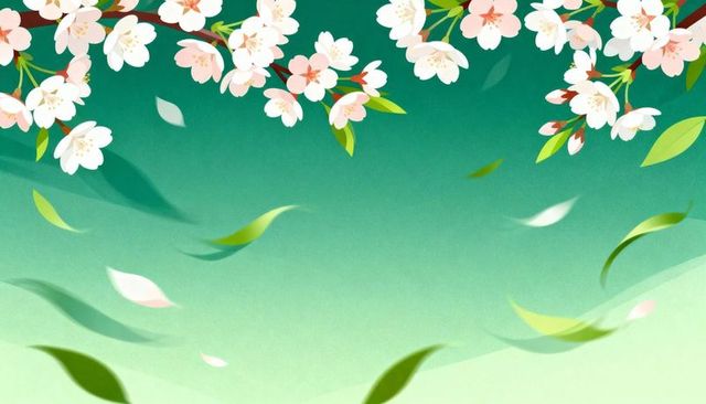 Teal spring sakura border with falling pale pink blossoms and floating green leaves