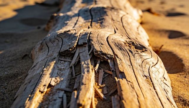 Closeup weathered driftwood log on sandy shoreline with textured grain and sunlit detail