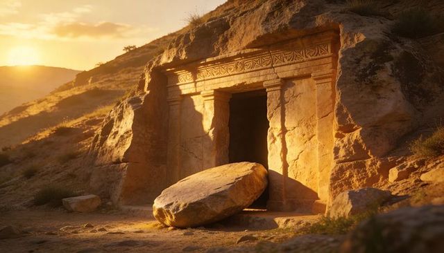 Sunset-lit rock-cut tomb entrance with rolling stone slab on desert hillside