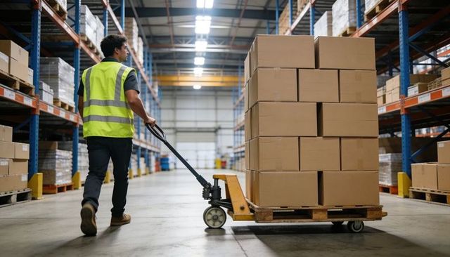 Warehouse worker pushing pallet jack loaded with cardboard boxes in fulfillment center
