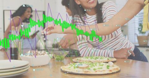 Women topping pizzas at kitchen island with data overlay visualizing teamwork and recipe steps