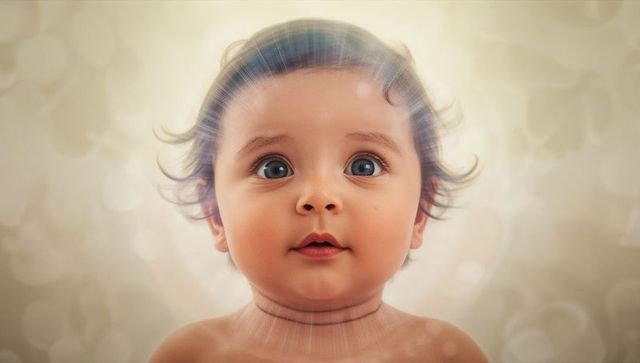 Wide-eyed infant with halo glow capturing wonder and innocence