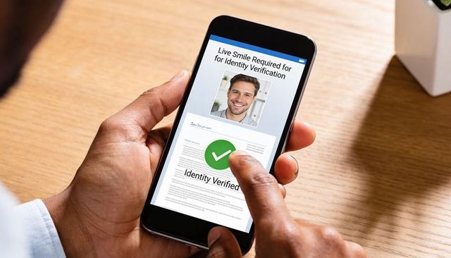 Holding Smartphone Tapping Green Check to Confirm Identity Verification with Live Headshot
