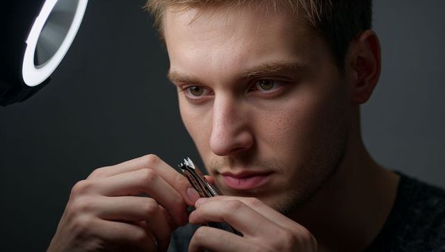 Young man trimming fingernails and inspecting hands with nail clipper under ring light