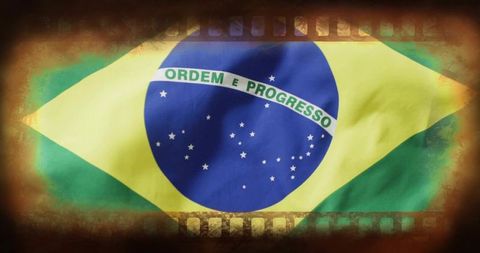 Waving brazilian flag with filmstrip border and grunge vignette, fabric folds