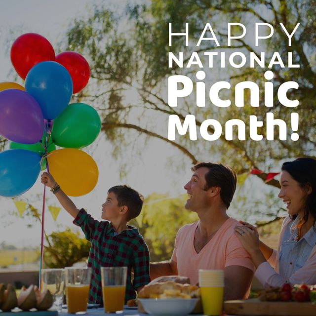 Family Celebrating National Picnic Month with Colorful Balloons - Download Free Stock Templates Pikwizard.com