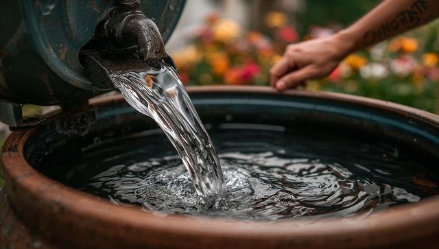 Pouring water from metal spout into ceramic barrel, rippling water and inked forearm