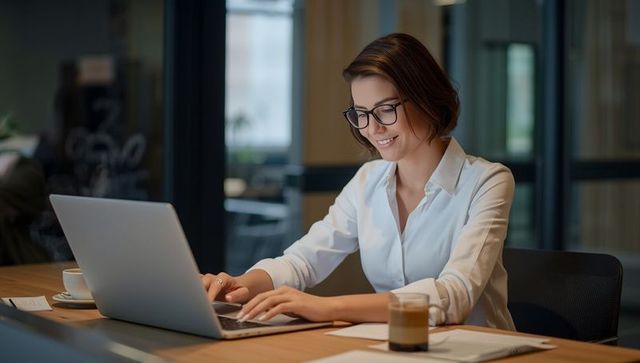 Smiling Professional Woman Working on Laptop in Modern Office Setting