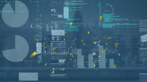 Data Analytics Celebration with Digital Confetti Over Cityscape